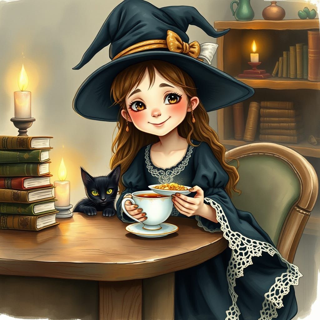 Whimsical Young Witch in Enchanted Forest Setting