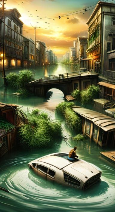 Post-Apocalyptic Man Paddling Through Flooded City