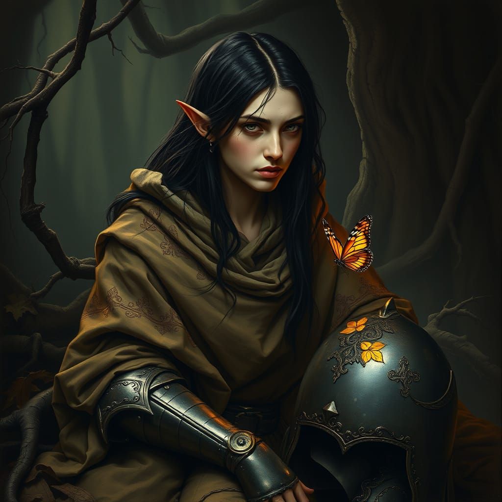 Mystical Elf Warrior in Tenebrism Oil Painting