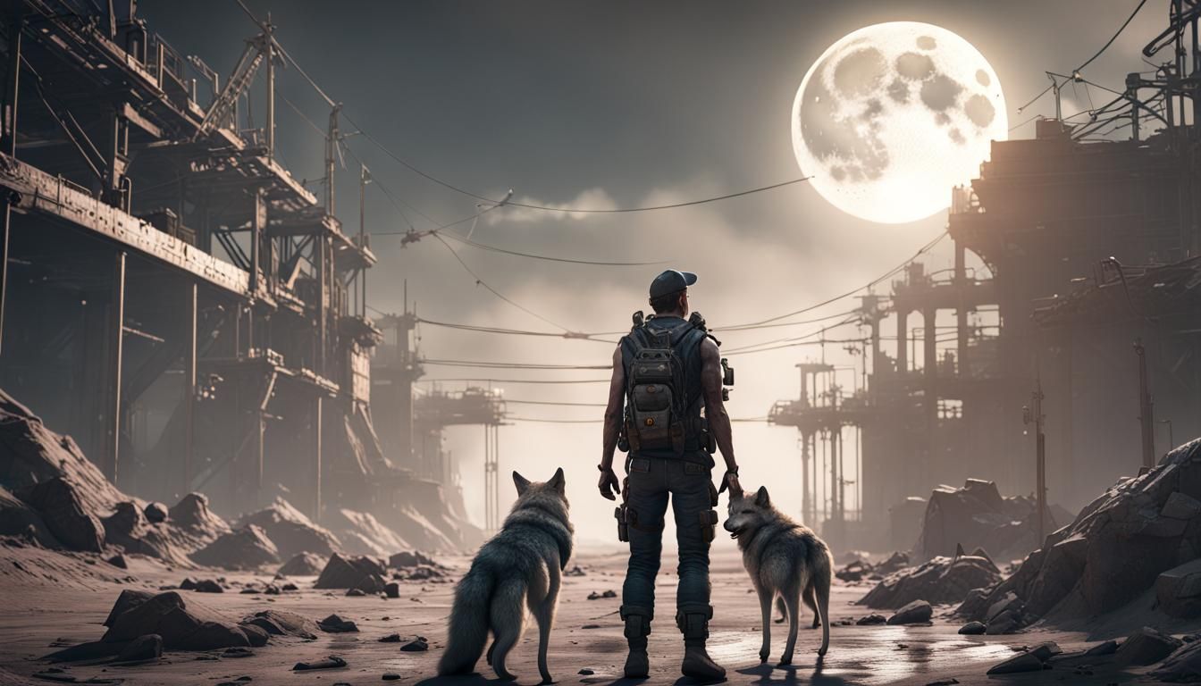 Post-Apocalyptic Scene: Figures, Wolves, and Moon