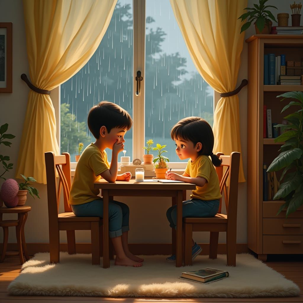 Cozy Rainy Day: A Mother's Care, Digital Matte Painting
