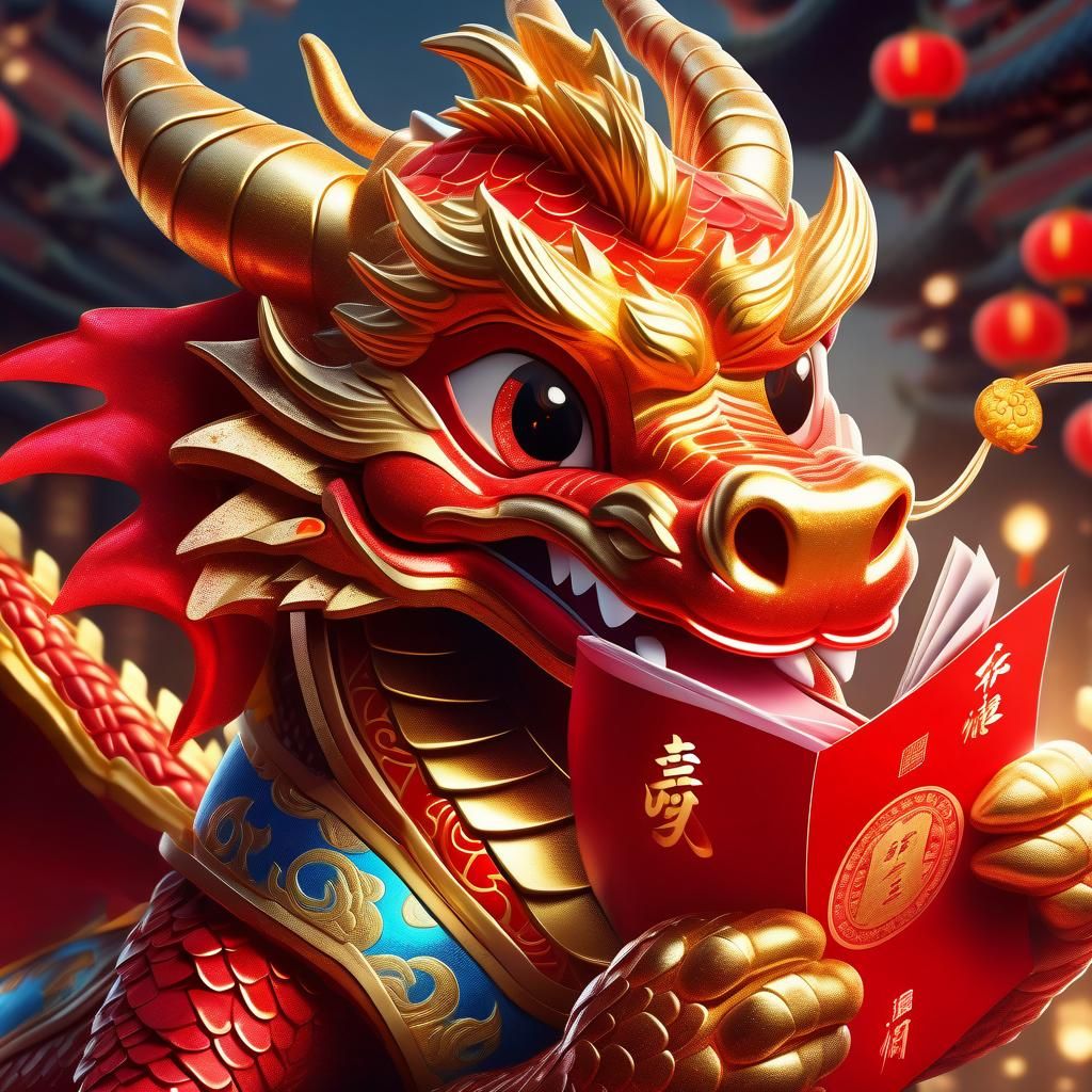 Adorable Baby Chinese Dragon with Red Packet