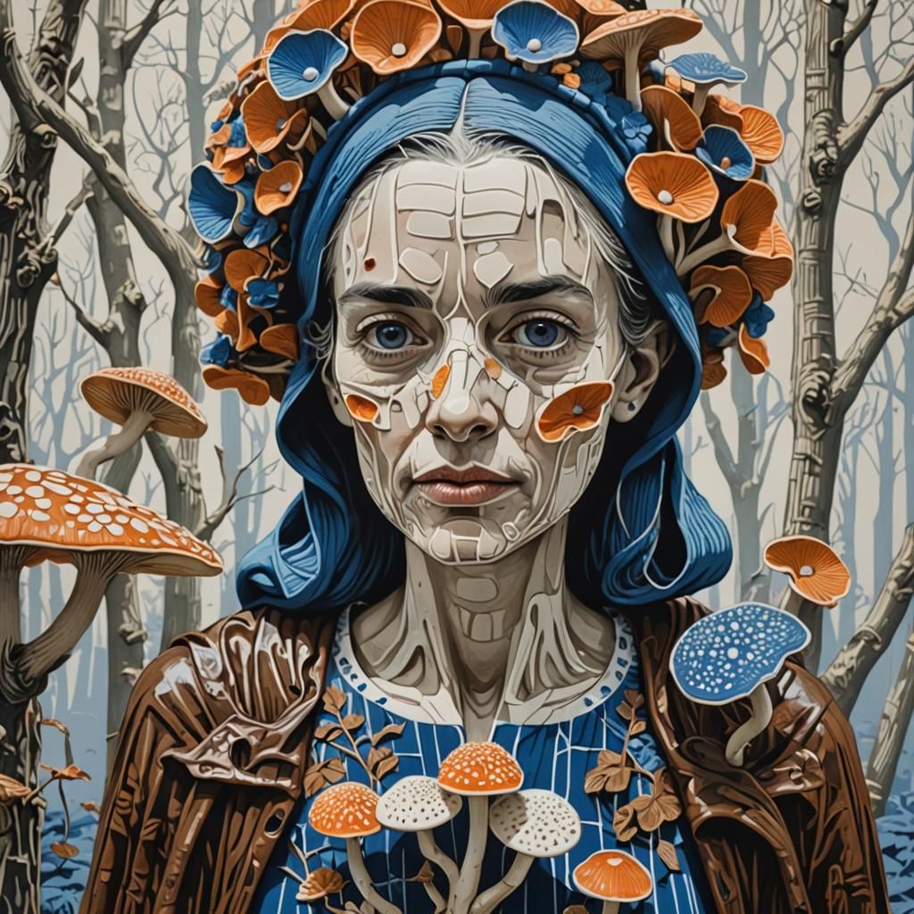 Blue and White Linocut of Mushroom Harvesters