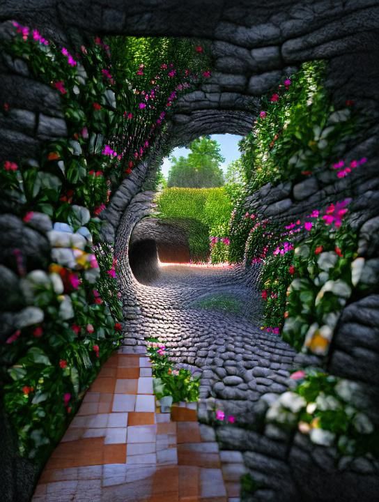 An amazing endless tunnel with a cobblestone path shaded by climbing roses and flowers