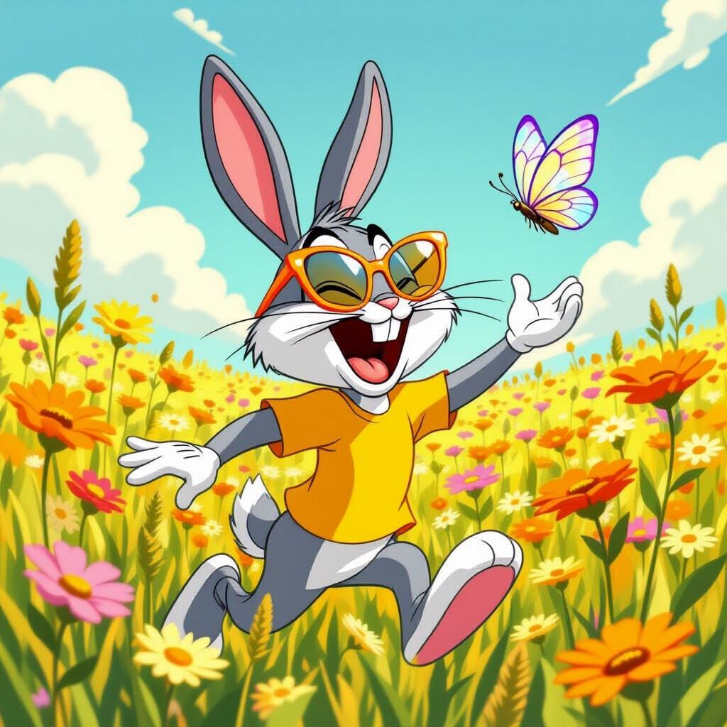 Bugs Bunny Chasing Butterfly in Cartoon Style