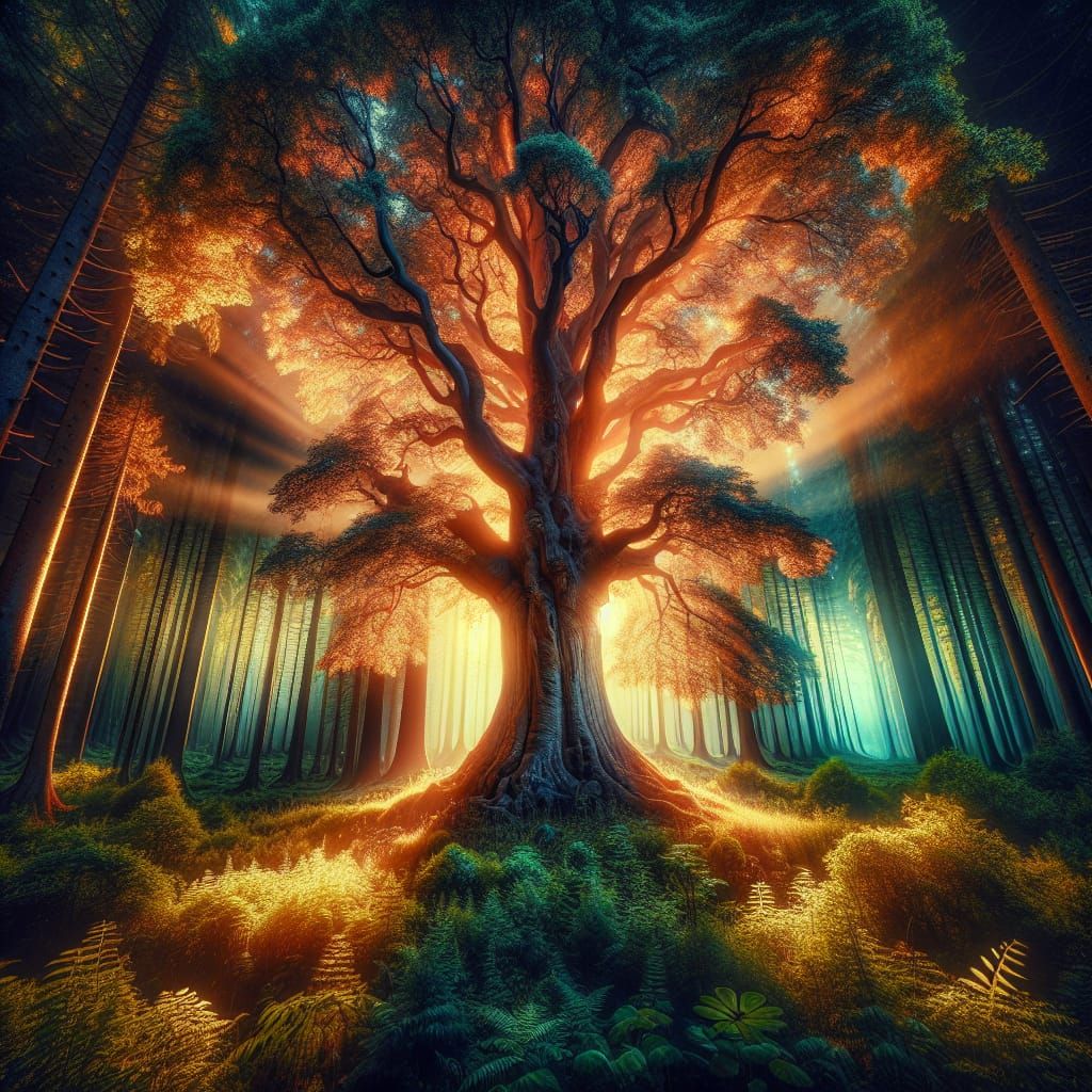 Radiant Tree with Intricate Details in Hyperrealistic Style