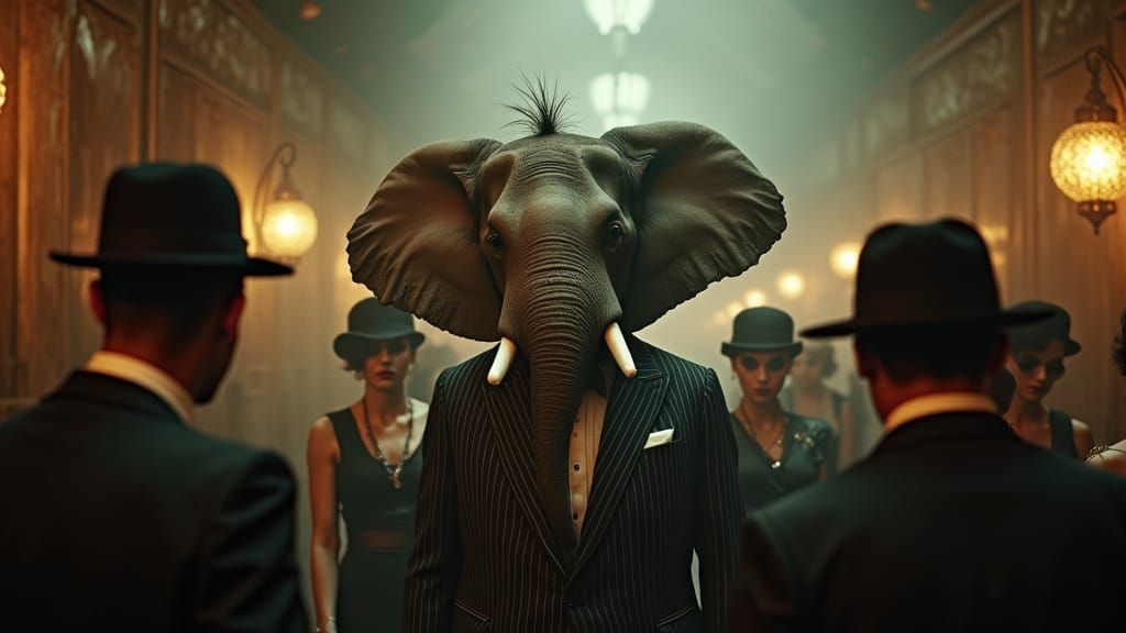 Elephant Mobster in 1920s Speakeasy, Gritty Realism
