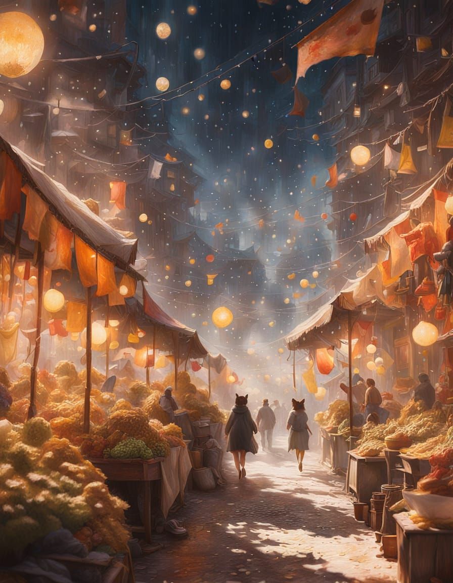 Whimsical Night Market Scene in Anime Style