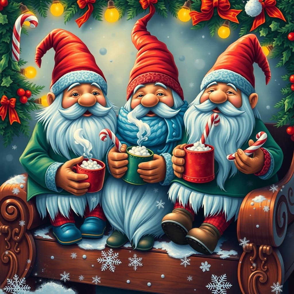 Gnomes Celebrate Winter in Gouache Style