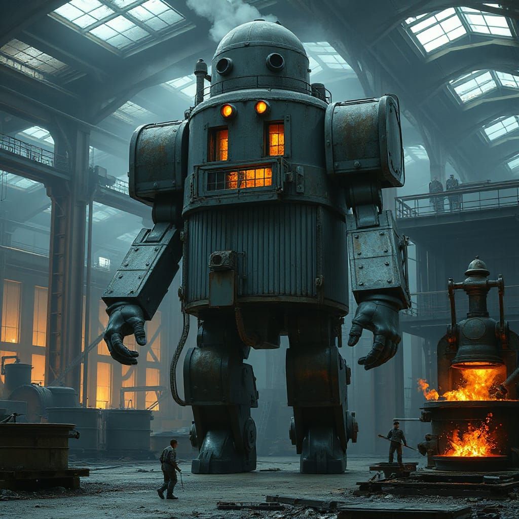 Dieselpunk Steel Mill Golem Striding Through Wasteland