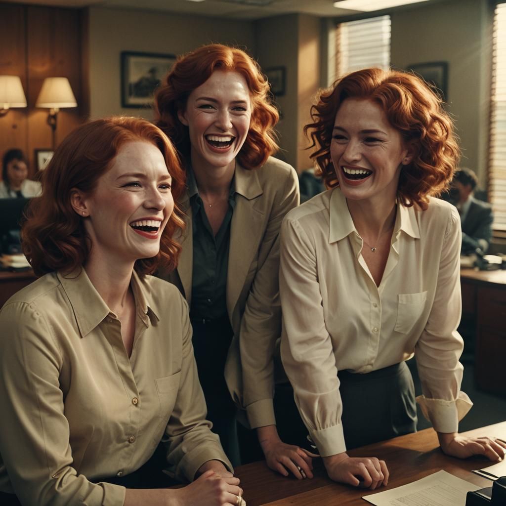Cinematic Film Still: Three Red-Haired Women Laughing