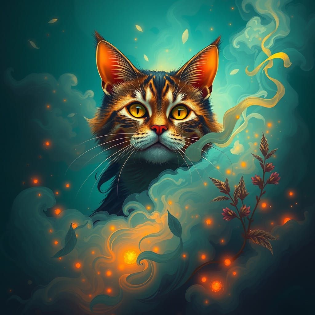 Whimsical Cat Lady Amidst Iridescent Fog