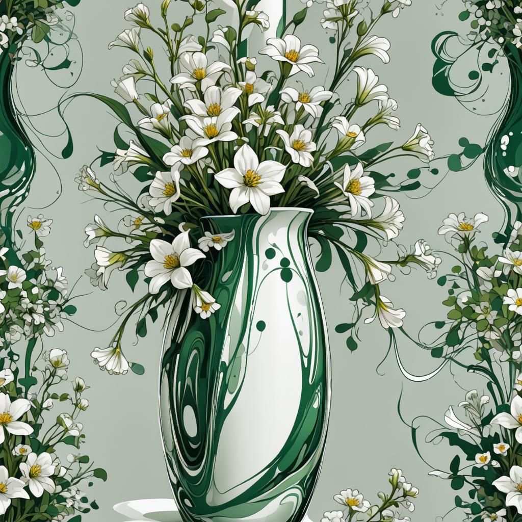 Abstract Green and White Flowers in Cylinder Vase