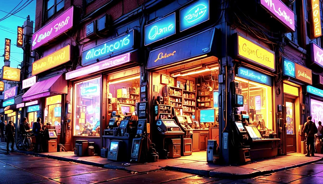 Futuristic Gadget Storefront in Detailed Digital Painting St...
