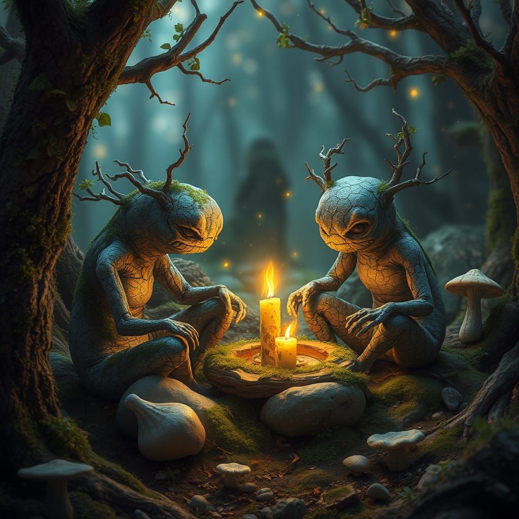Moss Rock Creatures Around Candle in Mystical Forest
