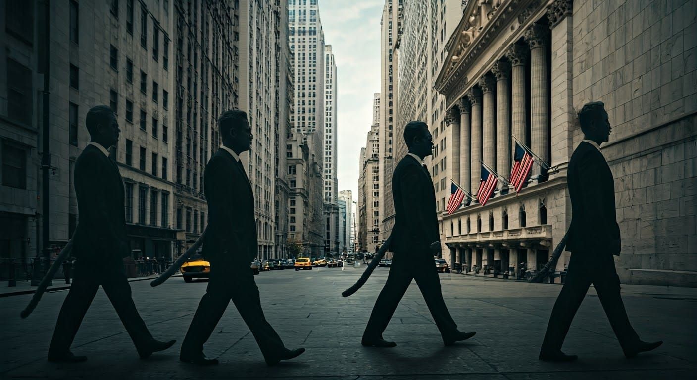 Surreal Feline Businessmen Walk Wall Street