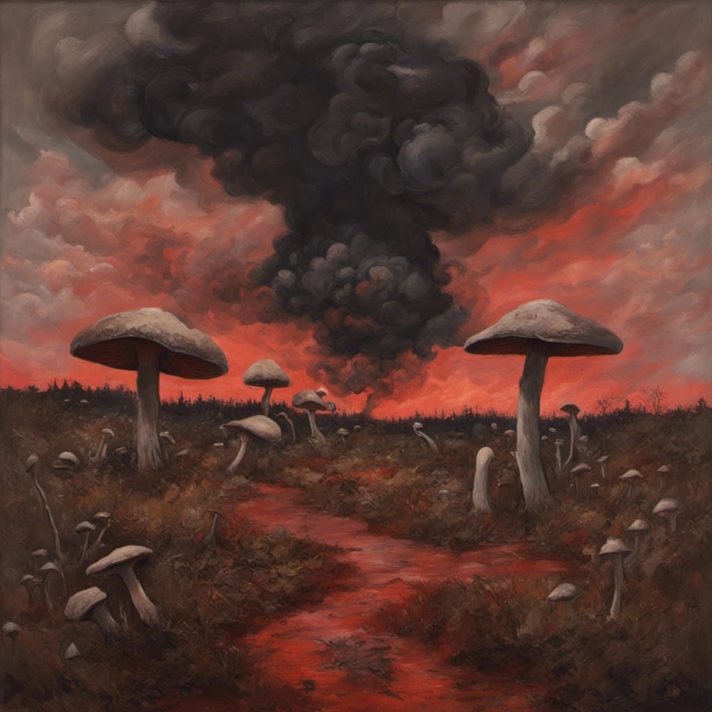 Surreal Mushroom Landscape with Red Sun