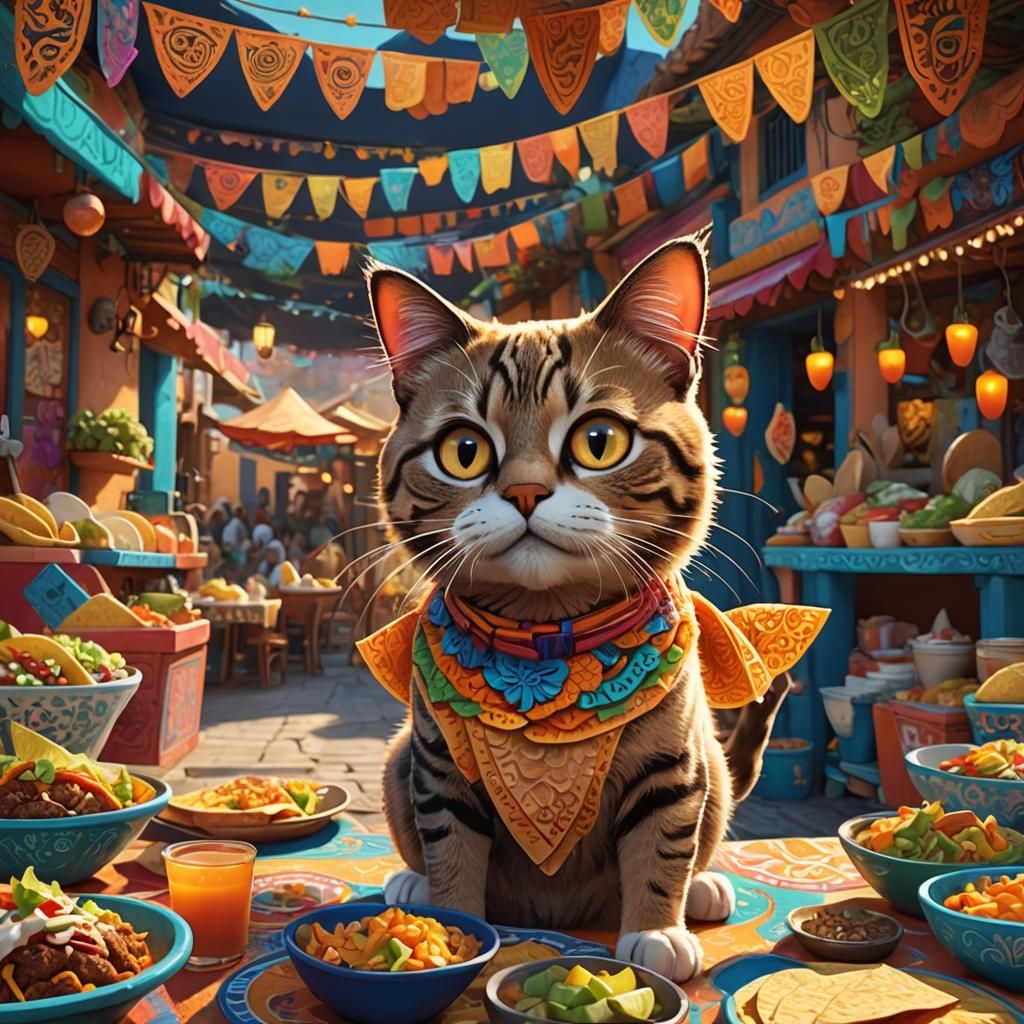 Cartoon Cat's Taco Feast in Mexican Market