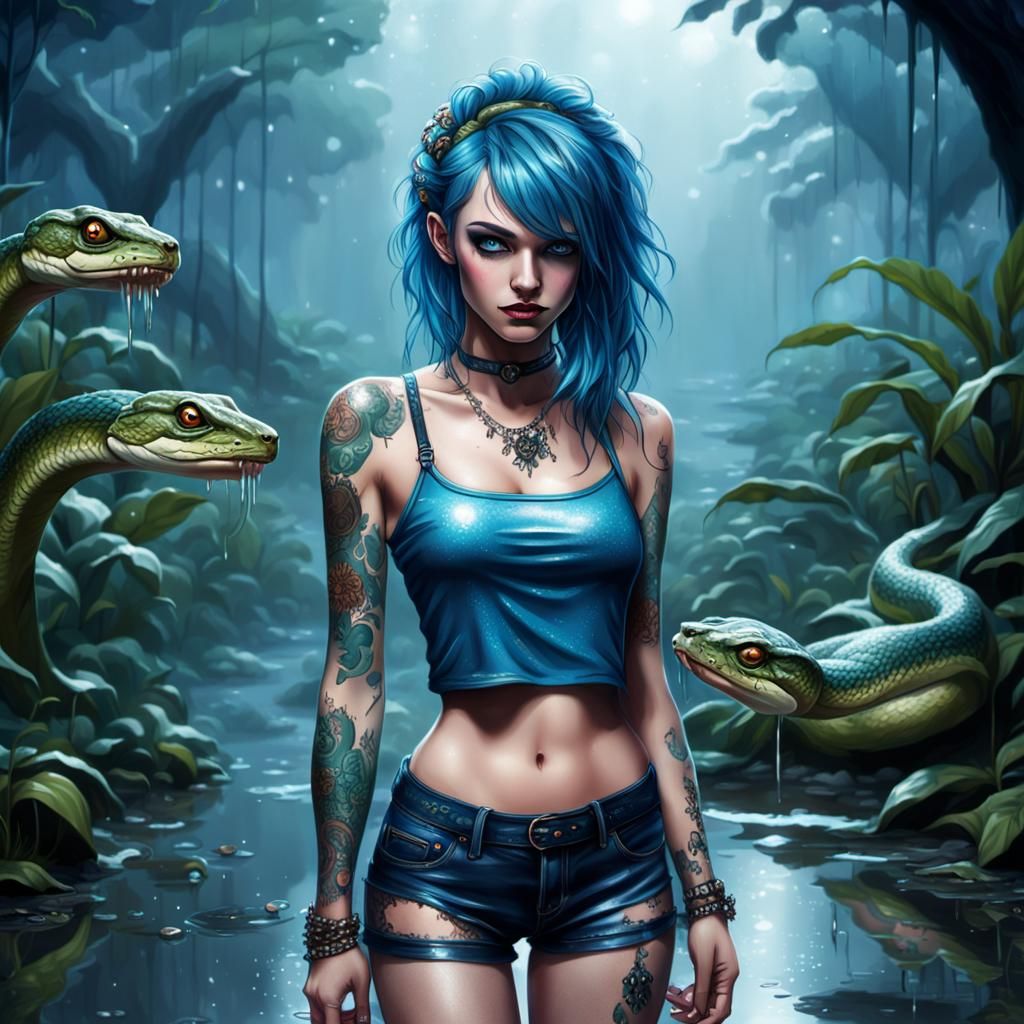 Punk Girl in Jungle with Snake, Fantasycore Style