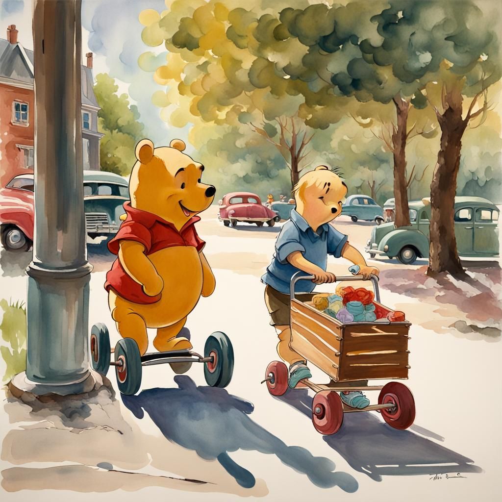 Winnie the Pooh Gouache Painting with Classic Car