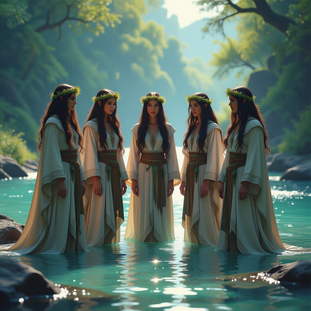 Five Ethereal Druids Beside a Shimmering River