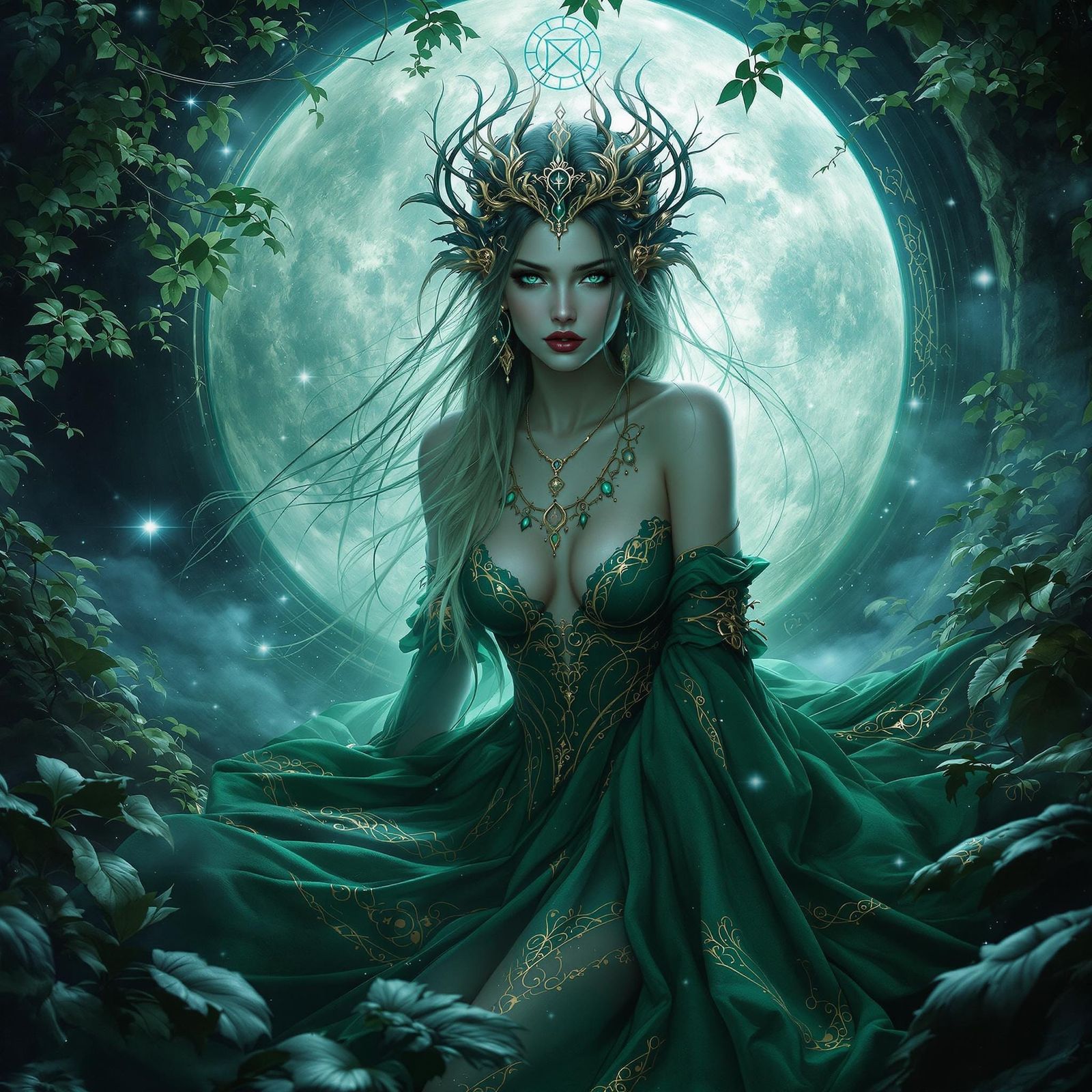 Mystical Woman in Emerald Gown, Swirling Patterns and Moonli...