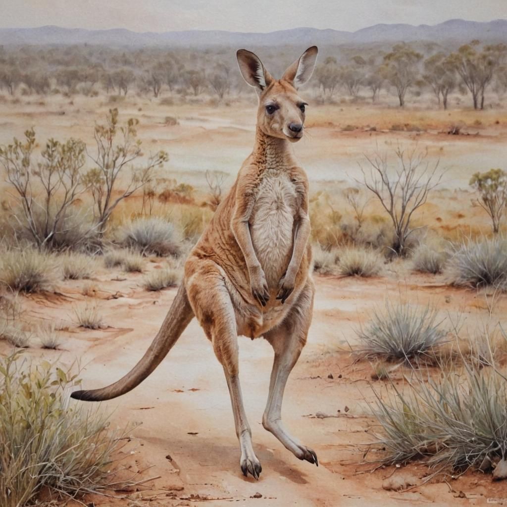 Kangaroo in Outback: Abstract Watercolor Art