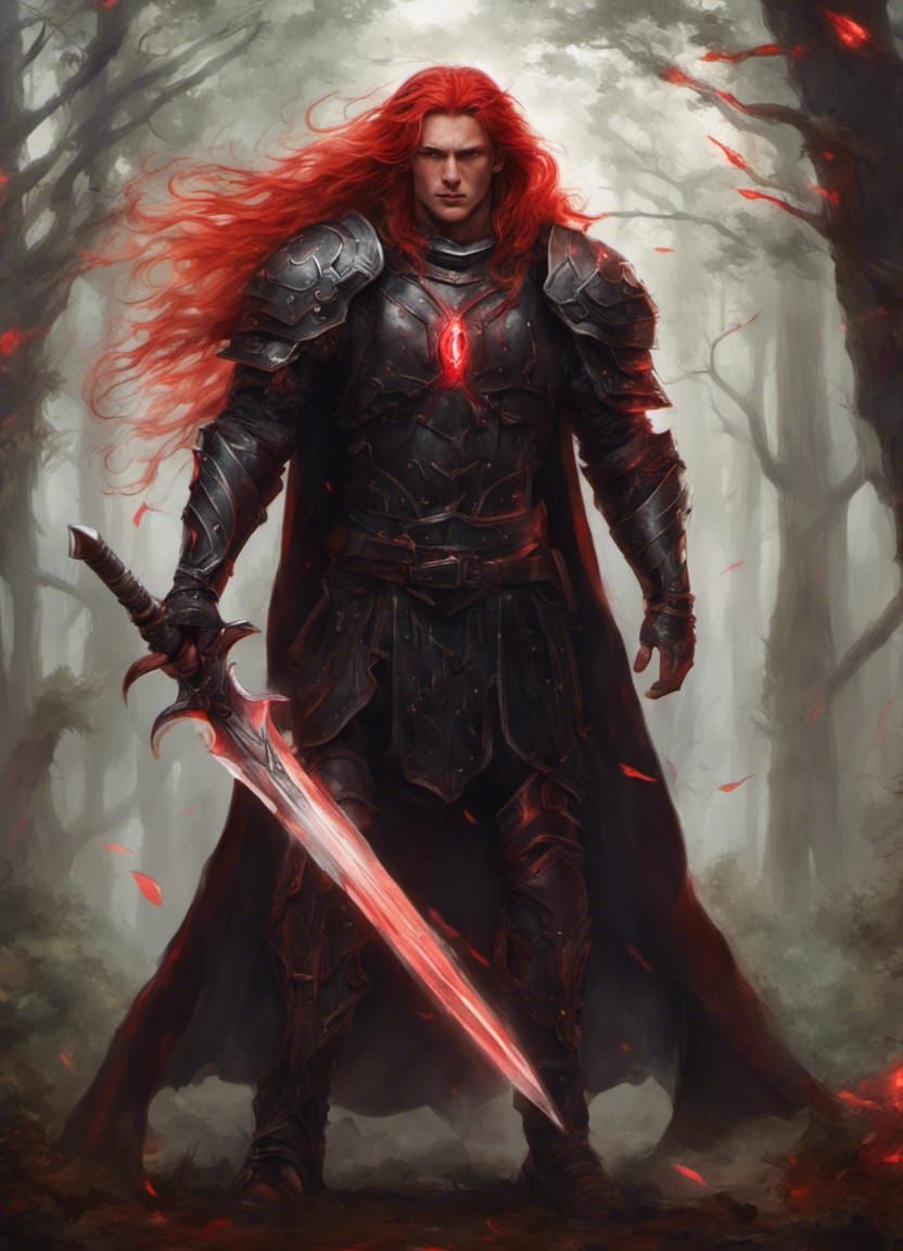 Red-Haired Warrior with Glowing Sword in Forest