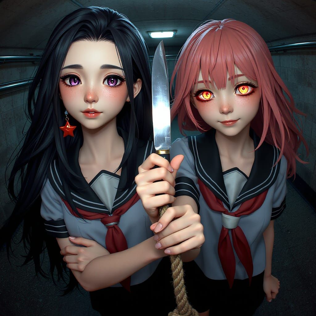 Creepy 3D Rendering of Two Women with Knives