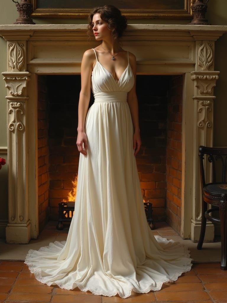 Woman by Fireplace in Romantic Realism Oil Painting Style