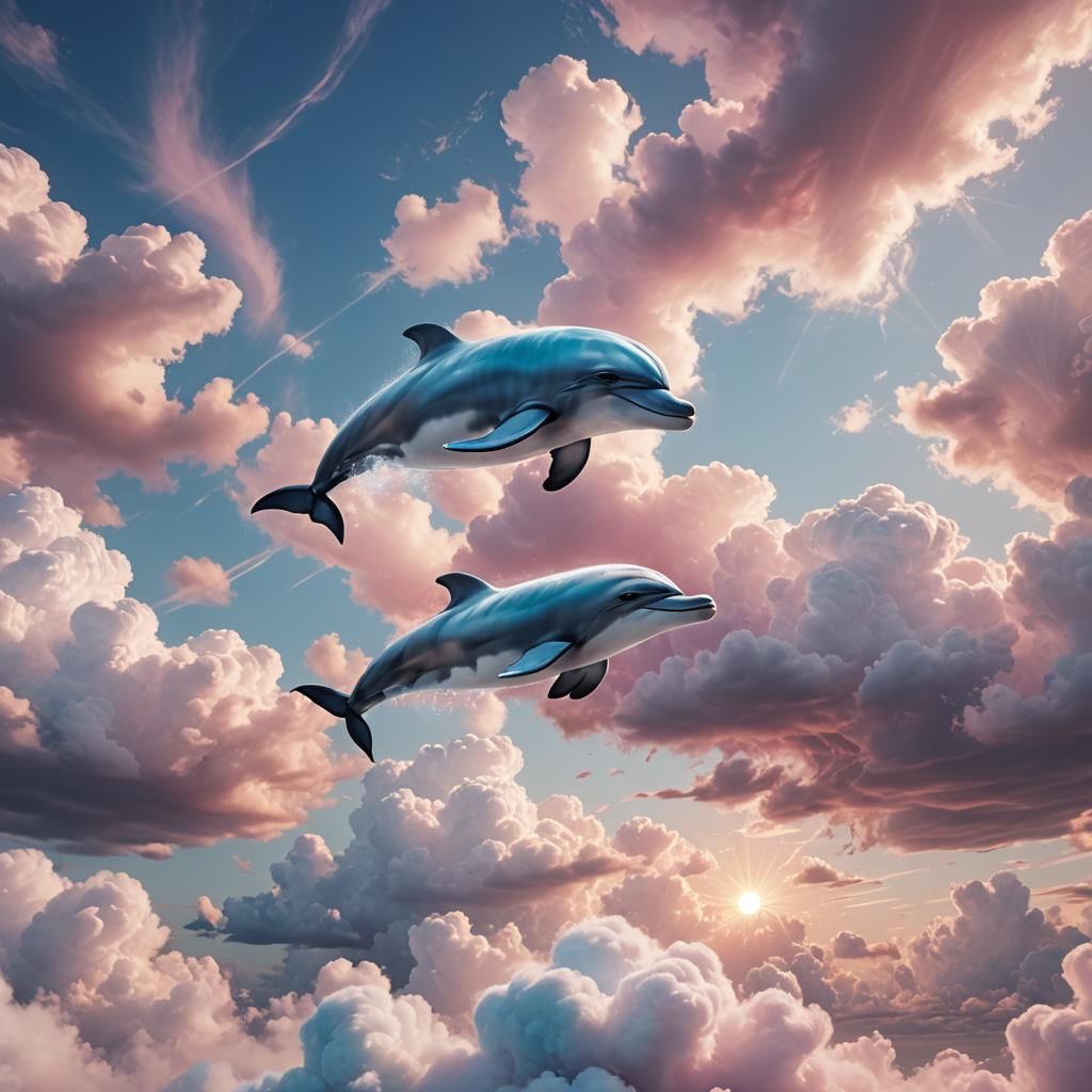 Smiling Dolphin in Cotton Candy Clouds, Digital Art