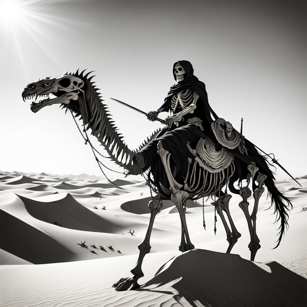 Ominous Skeleton with Eagle and Sword in Desert