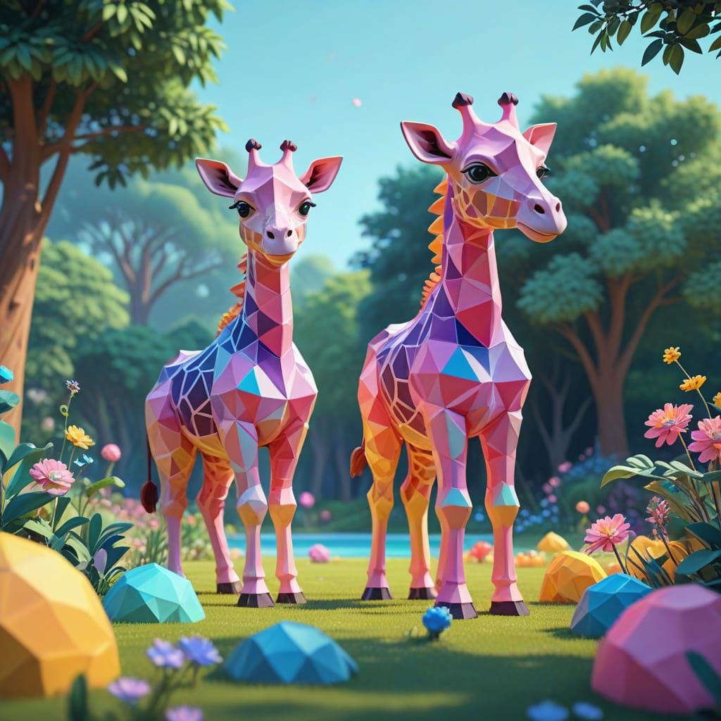 Cotton Candy Giraffe in a Low-Poly Amusement Park