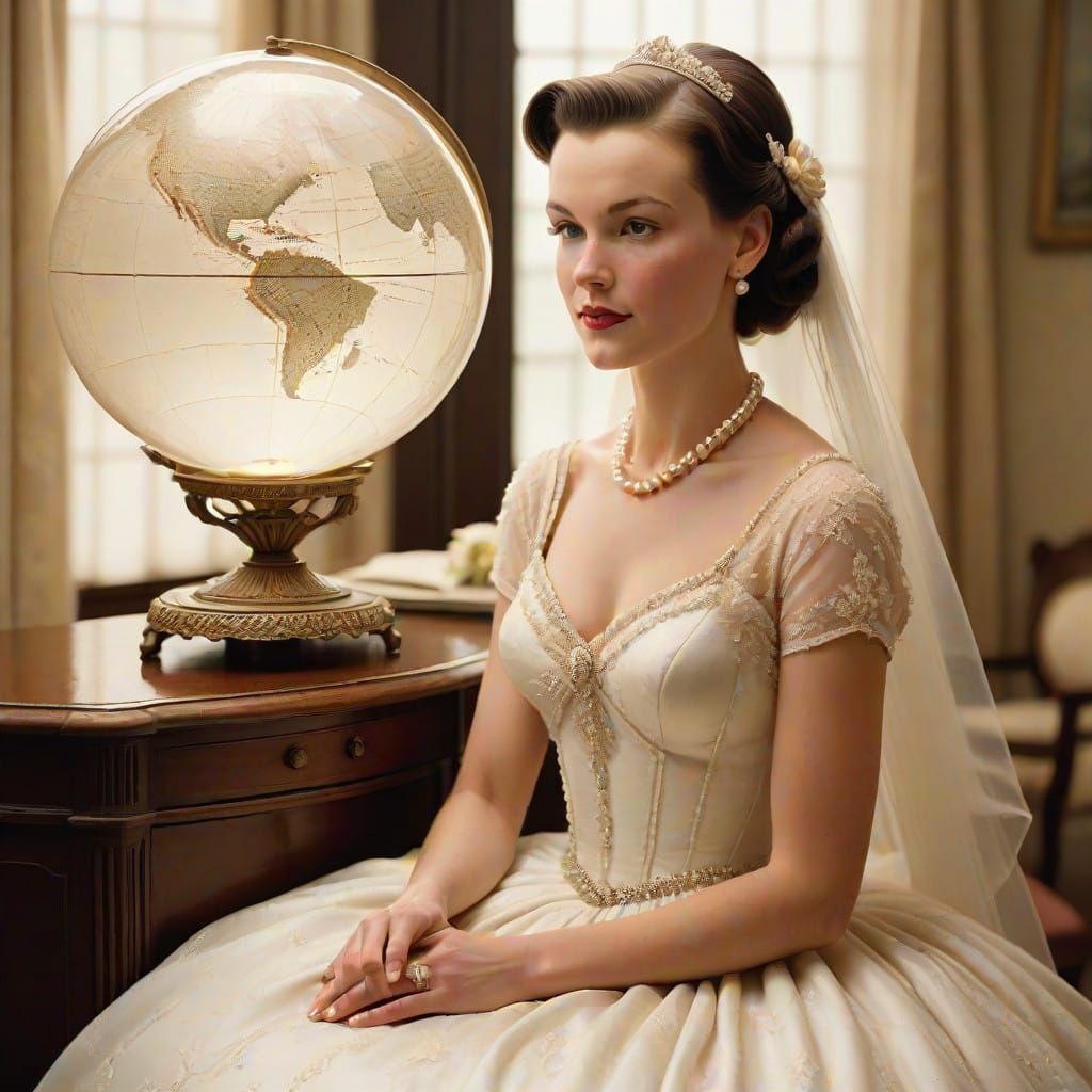 Elegant Bride in Crystal Orb, 1950s Style