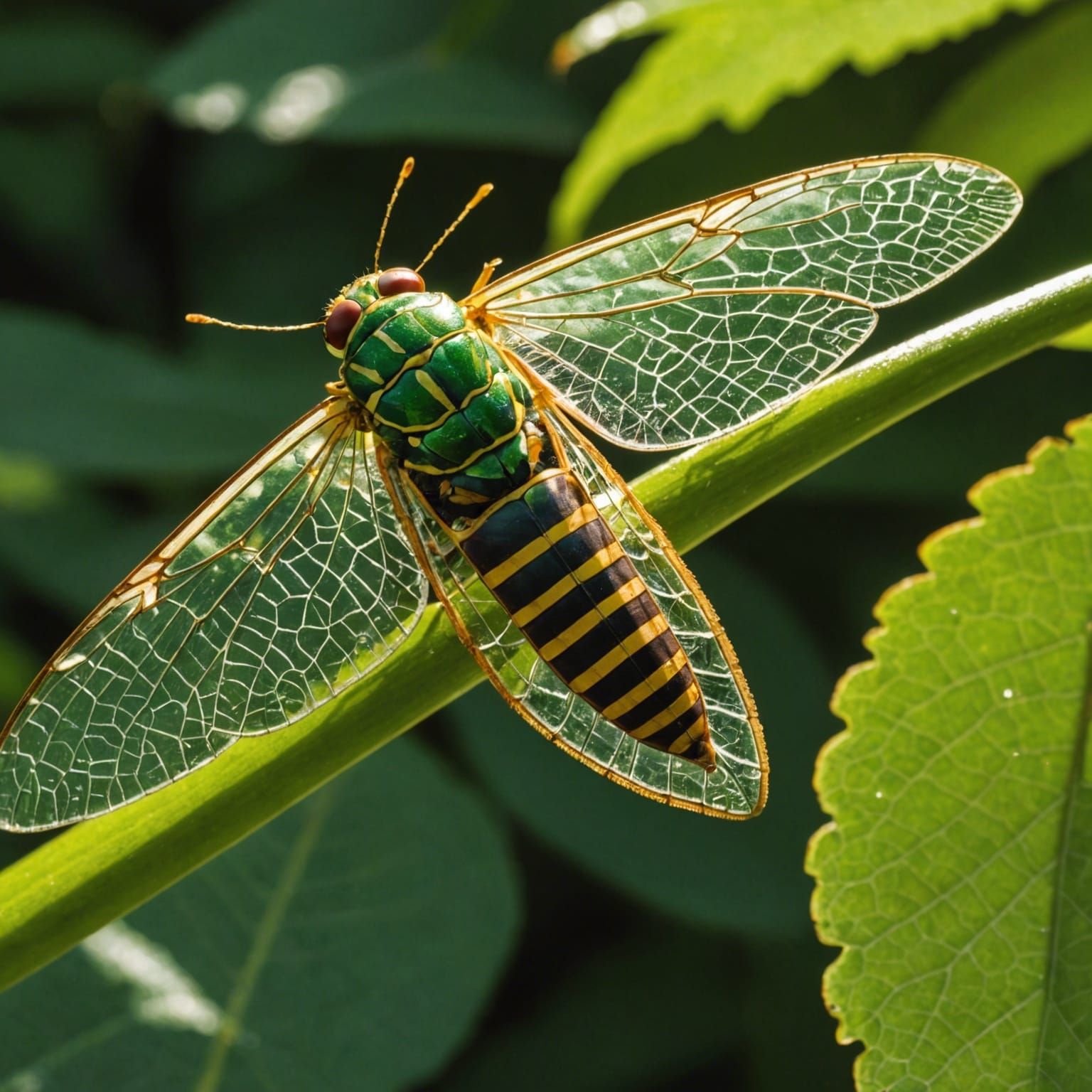 Sun-Dappled Cicada Perched on Leaf in Sunlight