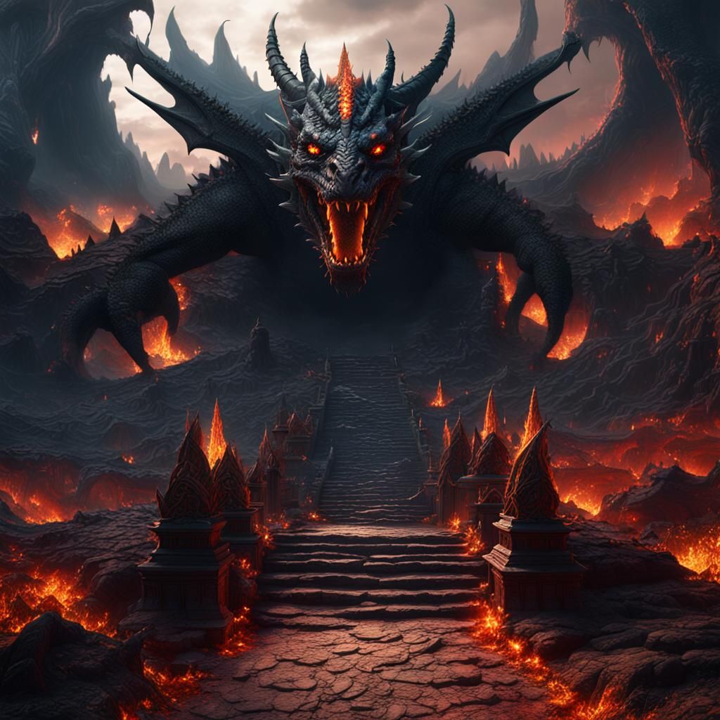 Hell's Entrance with Black Dragon, Detailed Matte Painting