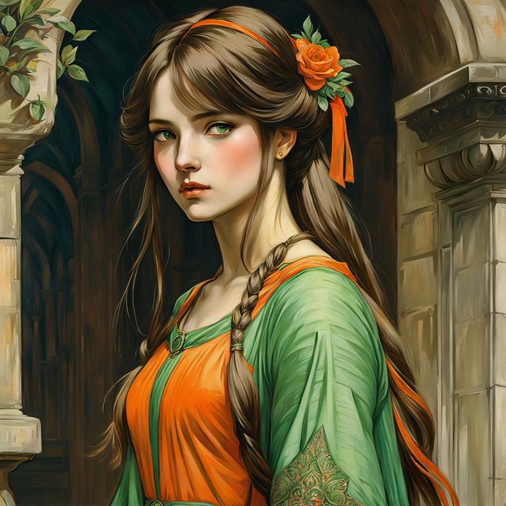 Medieval Girl in Dress, Pre-Raphaelite Anime Style