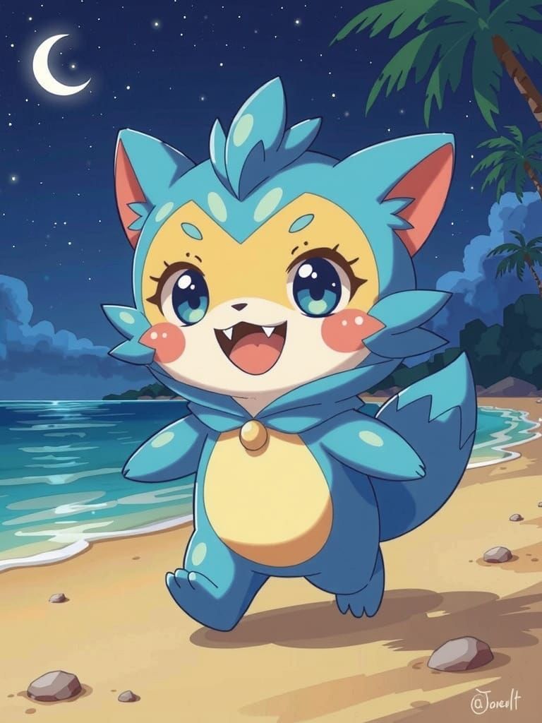 Cheerful Chibi Oshawott on Sunny Beach in Vibrant Style