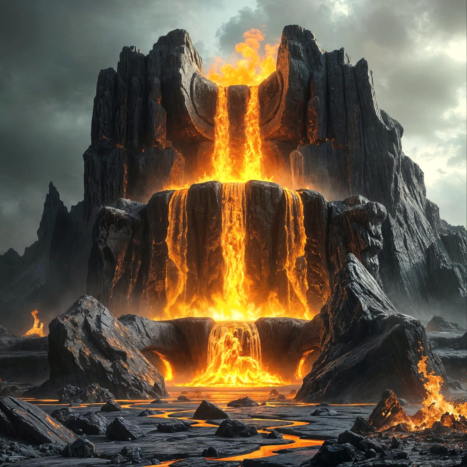 Obsidian Fountain Spewing Molten Gold in Dark Fantasy Style