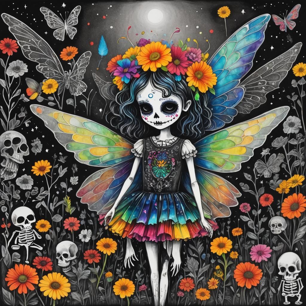 Rainbow Fairy in Land of the Dead, Surreal Crayon Art