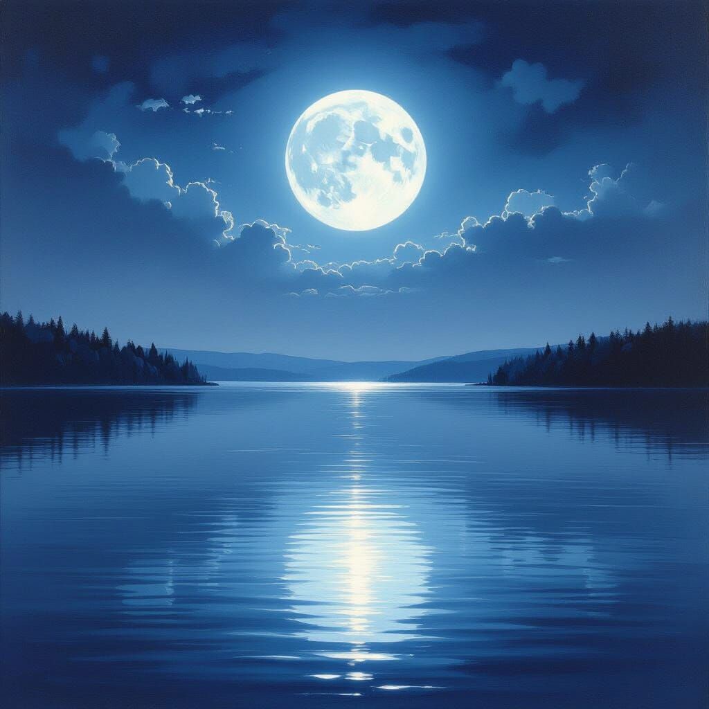 Tranquil Grey Lake Under Indigo Sky with Luminous Full Moon