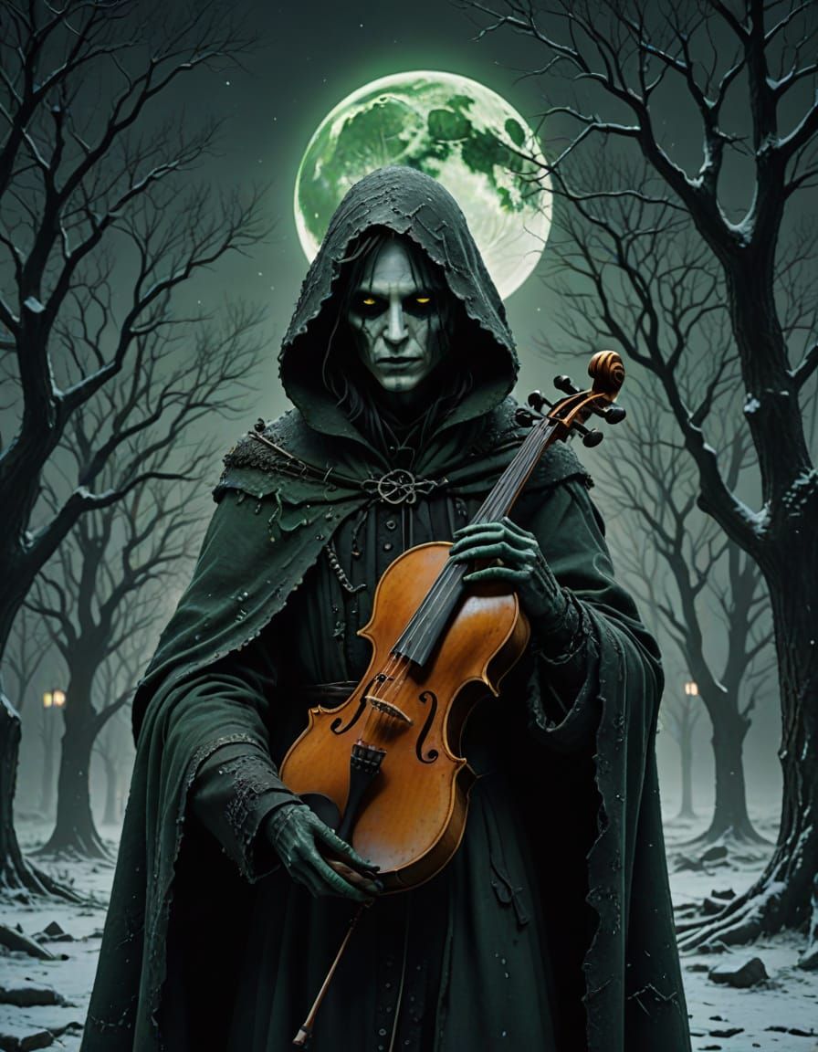 Spectral Figure Plays Haunting Violin Under Frosty Moonlight