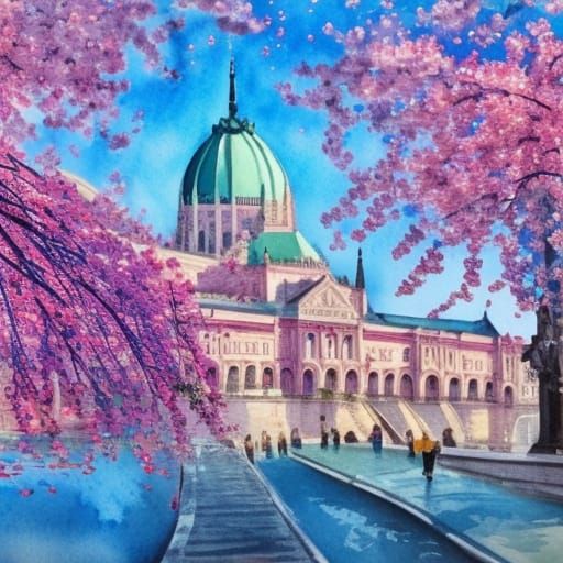 Budapest Cherry Blossoms: Gouache Impressionist Masterpiece
