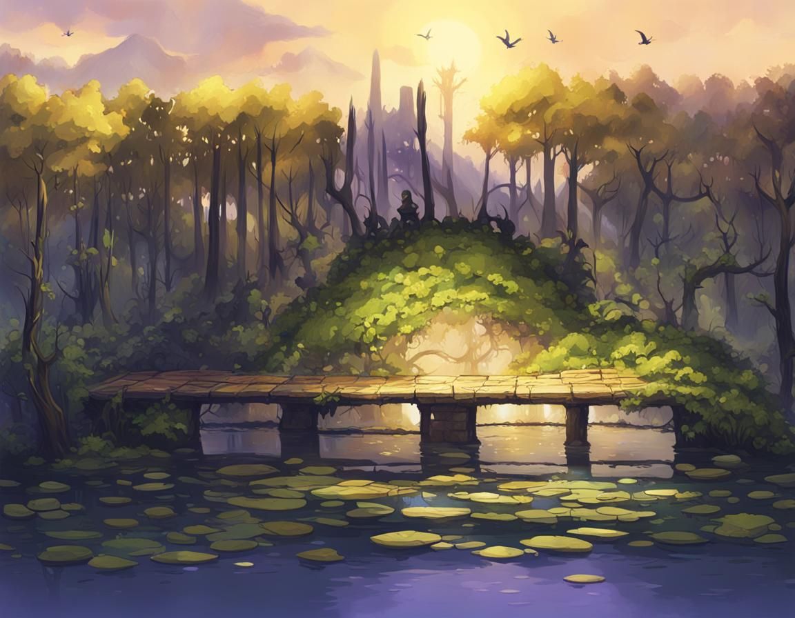 Crumbling Dock at Tranquil Lake: Fantasy Concept Art
