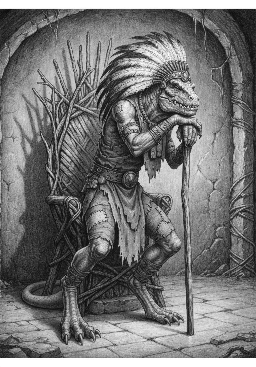 Elderly Reptilian Leader in Detailed Grayscale Pencil Art