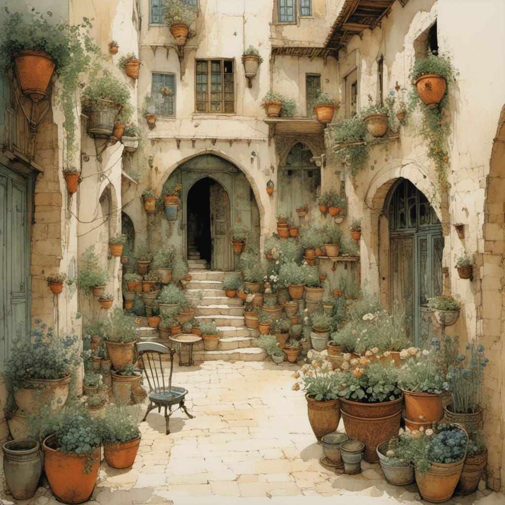 Arabic Courtyard Garden with Flower Pots