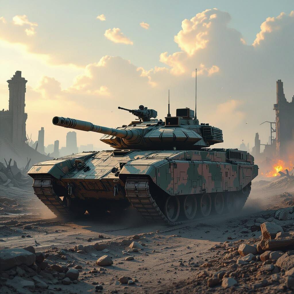Armored Tank on Devastated Battlefield, Dystopian Future