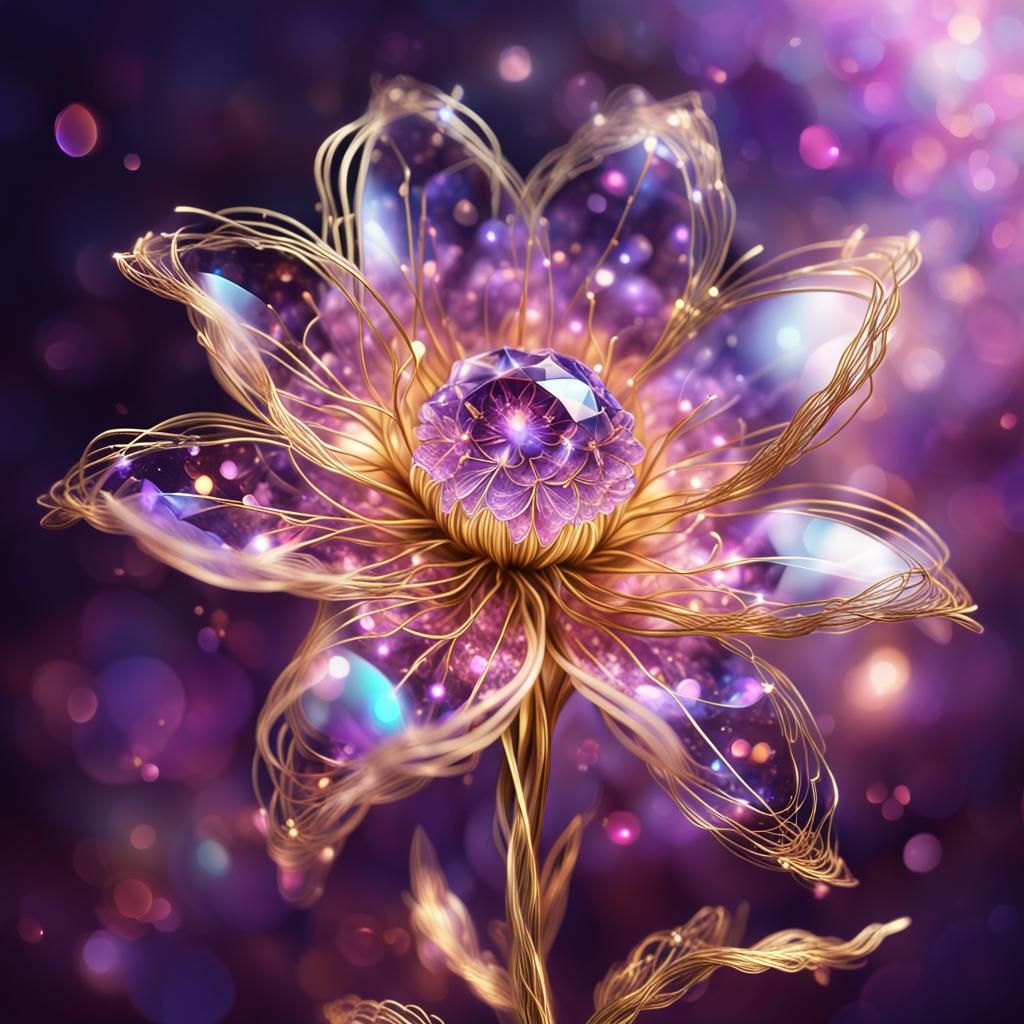 Luminous Crystal Flower with Gold Trim, Mixed Media