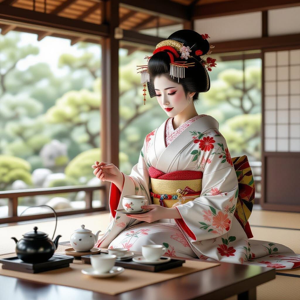 Elegant Geisha Tea Ceremony: Art Nouveau Style