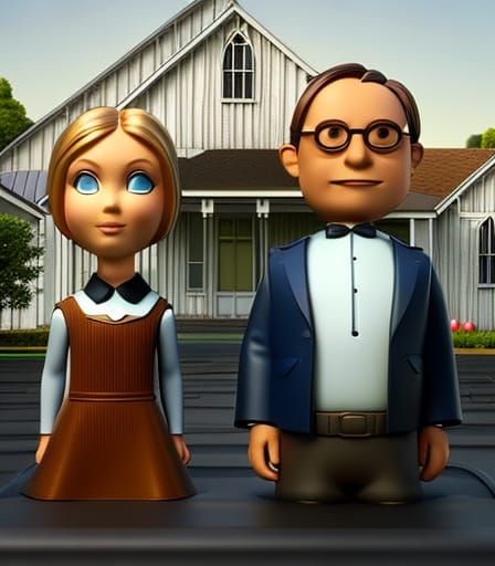 Cute American Gothic bobbleheads by Grant Wood and Pixar, Disney concept art, 3D, chibi, octane render, highly detailed,...